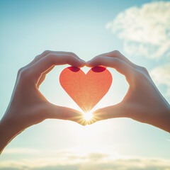 Fototapeta premium Hands forming heart shape around paper heart at sunset