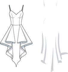  Fashion flat sketch of elegant asymmetrical evening dress with spaghetti straps, high-low hem, front and back views, technical vector for