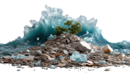 Destructive Wave over Debris: A formidable ocean wave crashes down on a pile of rubble, conveying the sheer power of nature's destructive forces and the aftermath of a disaster.