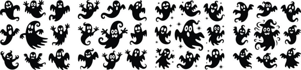 Fototapeta premium Spooky Ghost Silhouettes Halloween Graphics of Cute Flying Ghosts Set on White Background