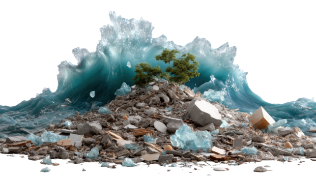 Destructive Wave over Debris: A formidable ocean wave crashes down on a pile of rubble, conveying the sheer power of nature's destructive forces and the aftermath of a disaster.