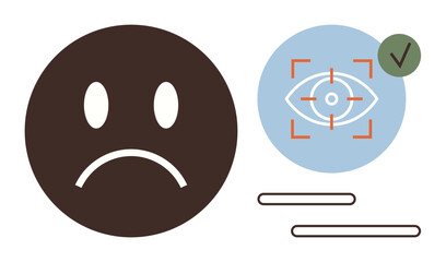 Sad face next to biometric eye scan with green approval checkmark and horizontal bars. Ideal for emotion detection, facial recognition, data validation, technology, artificial intelligence, user