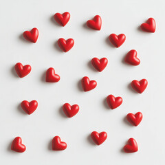 Red heart shapes in rows on white background