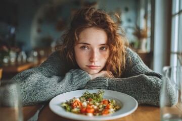Teen girl focuses on diet while feeling low at home during mealtime, longing for more than her plate of vegetables and greens on the table