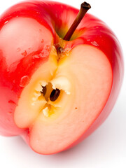 bitten red apple. sweet juicy fruit that has been eaten on a white background.