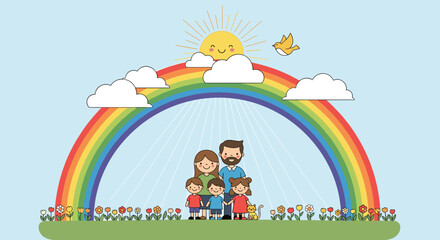 Obraz premium A happy family stands together under a vibrant rainbow and sunshine