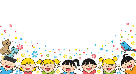 Obraz premium Joyful children celebrating with friends and animals in a colorful spring doodle border