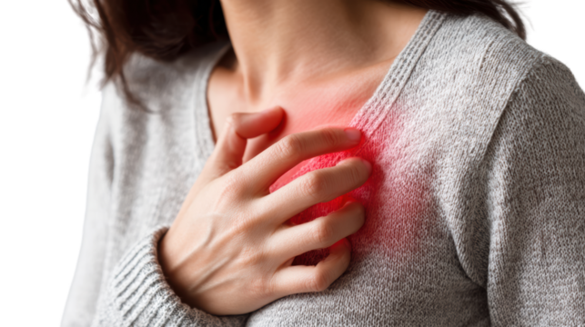 Woman experiencing chest pain, hand on heart, illustrating health concerns and emotional distress.