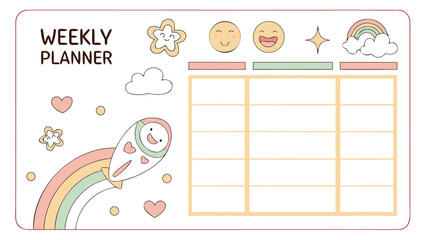 Cute kawaii weekly planner with rainbows stars and happy faces for organizing your schedule and tasks
