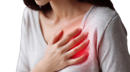 Woman holding her chest, feeling discomfort, on a white isolate background.