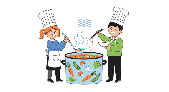 Two happy children in chef hats preparing delicious food in a large pot with fresh vegetables for a healthy meal