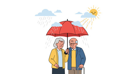 Elderly couple shares umbrella under mixed weather conditions protecting them from rain and sun