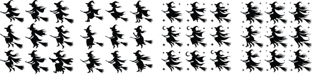 Fototapeta premium Witches Silhouettes on Brooms Pattern Flying Witch Clipart for Halloween Decor Crafts