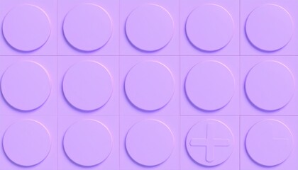 a repetitive pattern of large, raised purple circles arranged in a grid, with a few squares containing geometric cutouts, creating a minimalist and clean aesthetic.