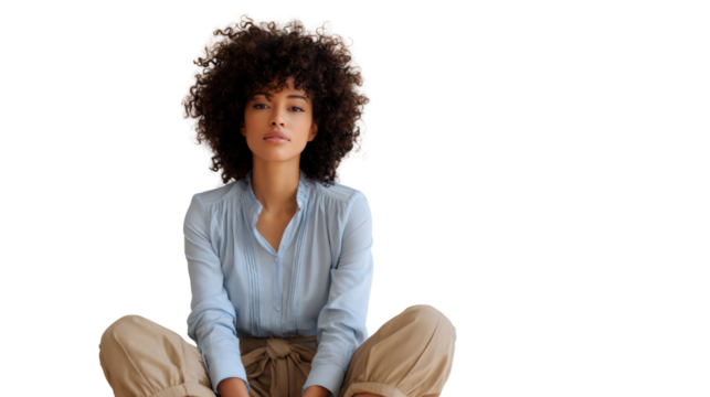 Young woman with curly hair, wearing a light blue shirt and relaxed pants, sitting calmly and looking forward.