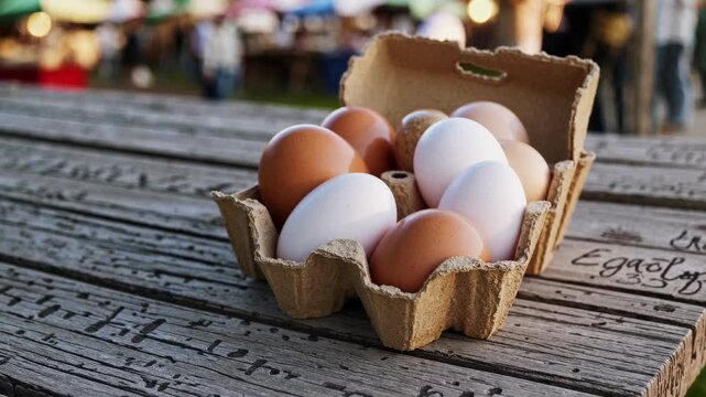 A carton of brown and white chicken eggs sits on a rustic wooden table. The background features a blurred local farm market scene with colorful stalls