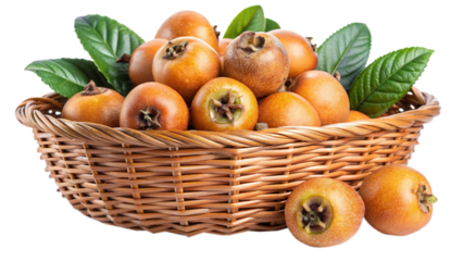 A basket overflowing with ripe medlar fruits and vibrant green leaves