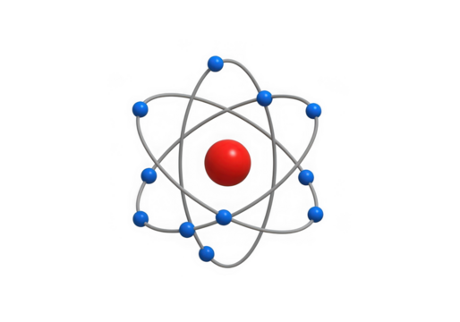 Illustration of an atom model with orbiting electrons around a nucleus representing scientific research and discovery isolated on transparent background