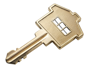 Golden house shaped key for home security, isolated on transparent background