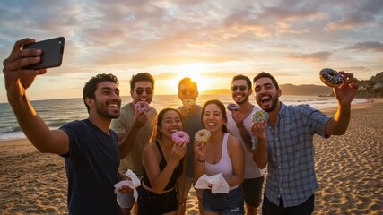 Joyful friends taking a group selfie with donuts on the beach at sunset - Powered by Adobe