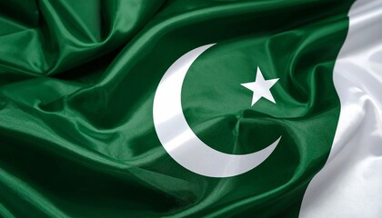 Pakistani Flag with White Crescent and Star on Dark Green Field and Vertical White Stripe