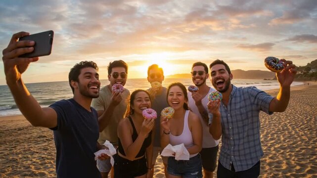 Joyful friends taking a group selfie with donuts on the beach at sunset