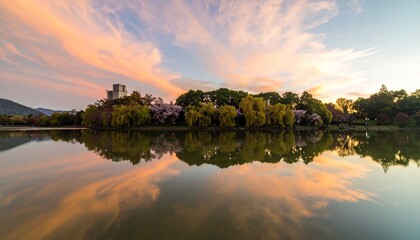 Obraz premium Serene Sunset Reflection on Calm Lake with Blossoming Trees