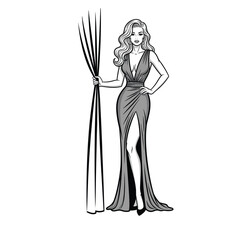 Elegant Woman in Evening Gown Holding Curtain Vector Illustration