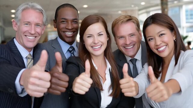 Thumbs Up for Success: A diverse group of smiling professionals, clad in formal business attire, flash a unanimous thumbs up, capturing a moment of confidence, positivity, and approval.