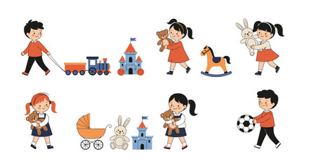 Children enjoying various toys indoors with castle train horse and doll playtime activities