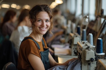 Young happy seamstress works diligently in a bustling textile factory, creating garments and enjoying the vibrant workplace atmosphere