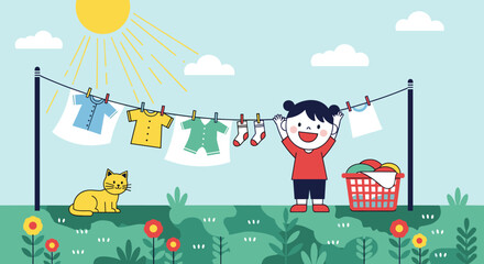 Happy child hanging laundry on a clothesline on a sunny day with a cat