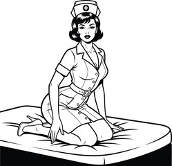 Retro Sexy Pin-Up Nurse in Uniform Sitting on Bed Vector Illustration