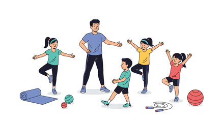 Active children enjoying fun fitness session with enthusiastic instructor outdoors creating healthy habits