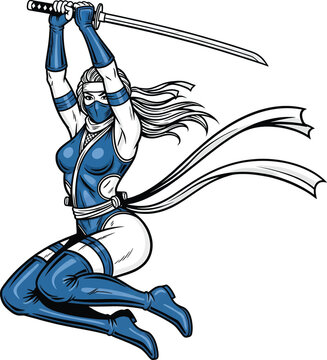 Dynamic Female Ninja Warrior Jumping with Katana Sword Vector Illustration