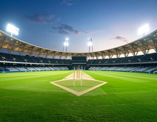 Fototapeta premium Night view of an empty cricket stadium, floodlights illuminating the manicured field and stands