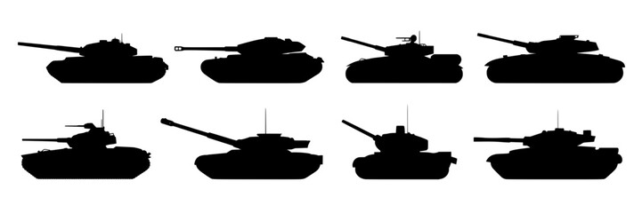 Fototapeta premium Set of eight black and white vector silhouettes of military tanks. Monochrome illustrations of armored vehicles, cannons, turrets, and tracks. Design elements for military, war, or history projects.