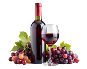 Bottle of red wine with a glass and grapes isolated on transparent background