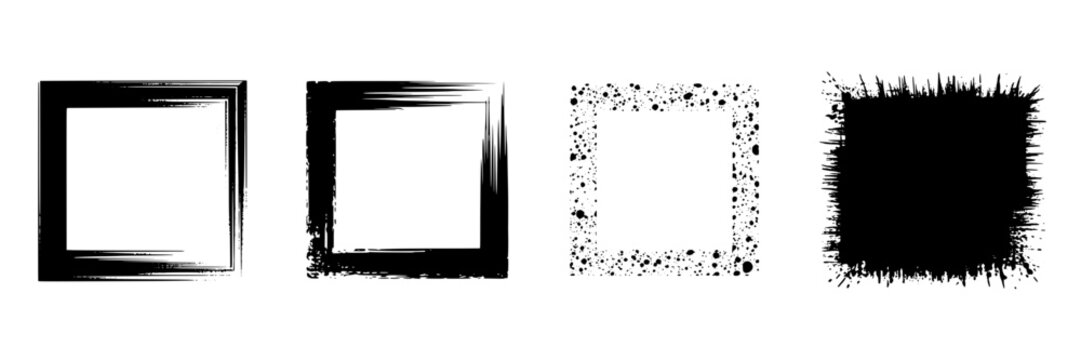 Hand-drawn square frame collection: brush strokes, splatter, textured and solid black ink borders on white background. Vector illustration design elements set for grunge, vintage or artistic projects.