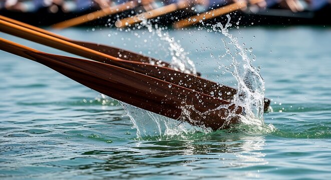 Rowing competition captures the power of oars slicing through clear water on a bright day