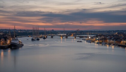 Naklejka premium Twilight Cityscape: River, Bridge, and Ships at Sunset