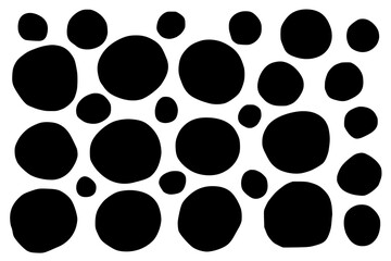 Set of small, large black circles of different diameters, shapes, carelessly cut with scissors. Vector background for text, picture, title, tag, store price tag, discount, sale, children's creativity.