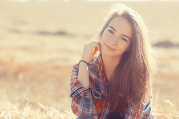 Naklejka premium model girl country shirt to the cage field straw, young summer landscape freedom lifestyle
