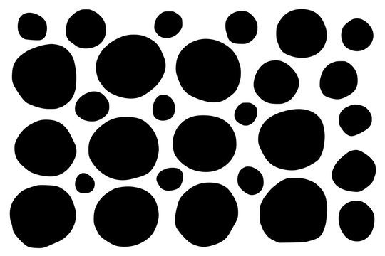 Set of small, large black circles of different diameters, shapes, carelessly cut with scissors. Vector background for text, picture, title, tag, store price tag, discount, sale, children's creativity.