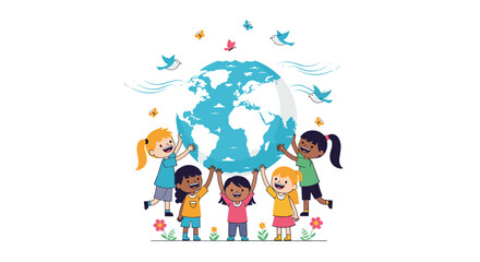Fototapeta premium Children around the world holding up the planet earth together symbolizing unity and hope for the future