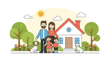 Fototapeta na wymiar Happy family standing in front of their new home with pets under the sunny sky