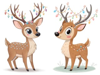 Two cute, cartoon style fawns decorated for christmas with colorful lights and jewels on their antlers stand side by side