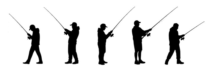 Naklejka premium Fishing silhouette vector collection: Five men holding fishing rods, monochrome illustration set. Black shapes of fishermen in different poses on a white background. Outdoor activity, hobby, leisure c