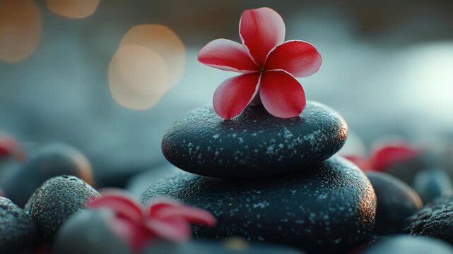Picture of a pile of rocks with flowers at the top, evoking serene and peaceful atmosphere often associated with Zen meditation.