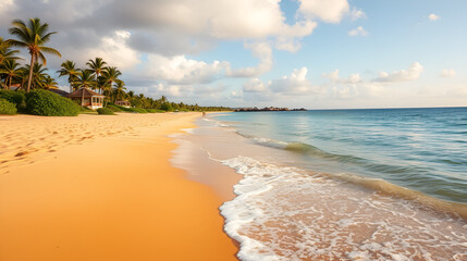 Golden sands of a pristine beach underfoot with gentle waves lapping at the shore a paradise of relaxation and luxury